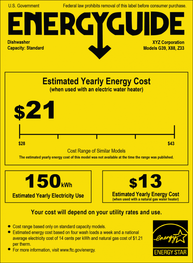 The Energy Guide label is a yellow, rectangular tag. This label shows the Energy Star logo in the bottom right corner.