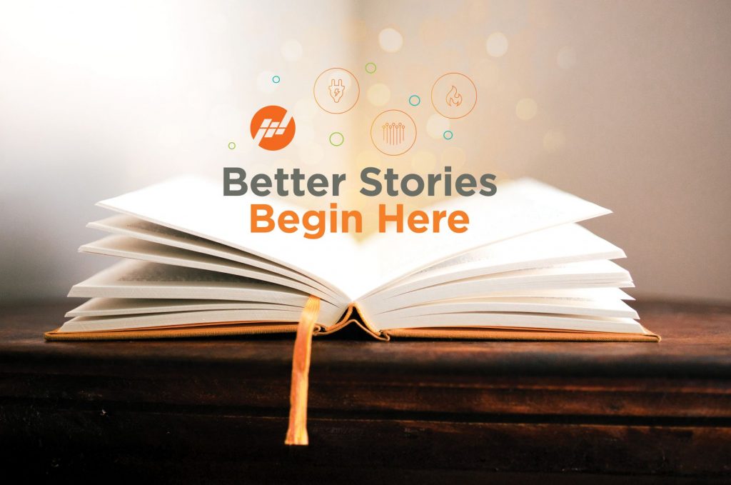 An open book with the headline "Better Stories Begin Here" and the Consolidated icon.